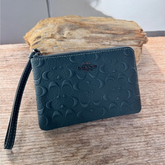 Coach Handbags - Coach Embossed Leather Wristlet Wallet Green Double-Zip Closure